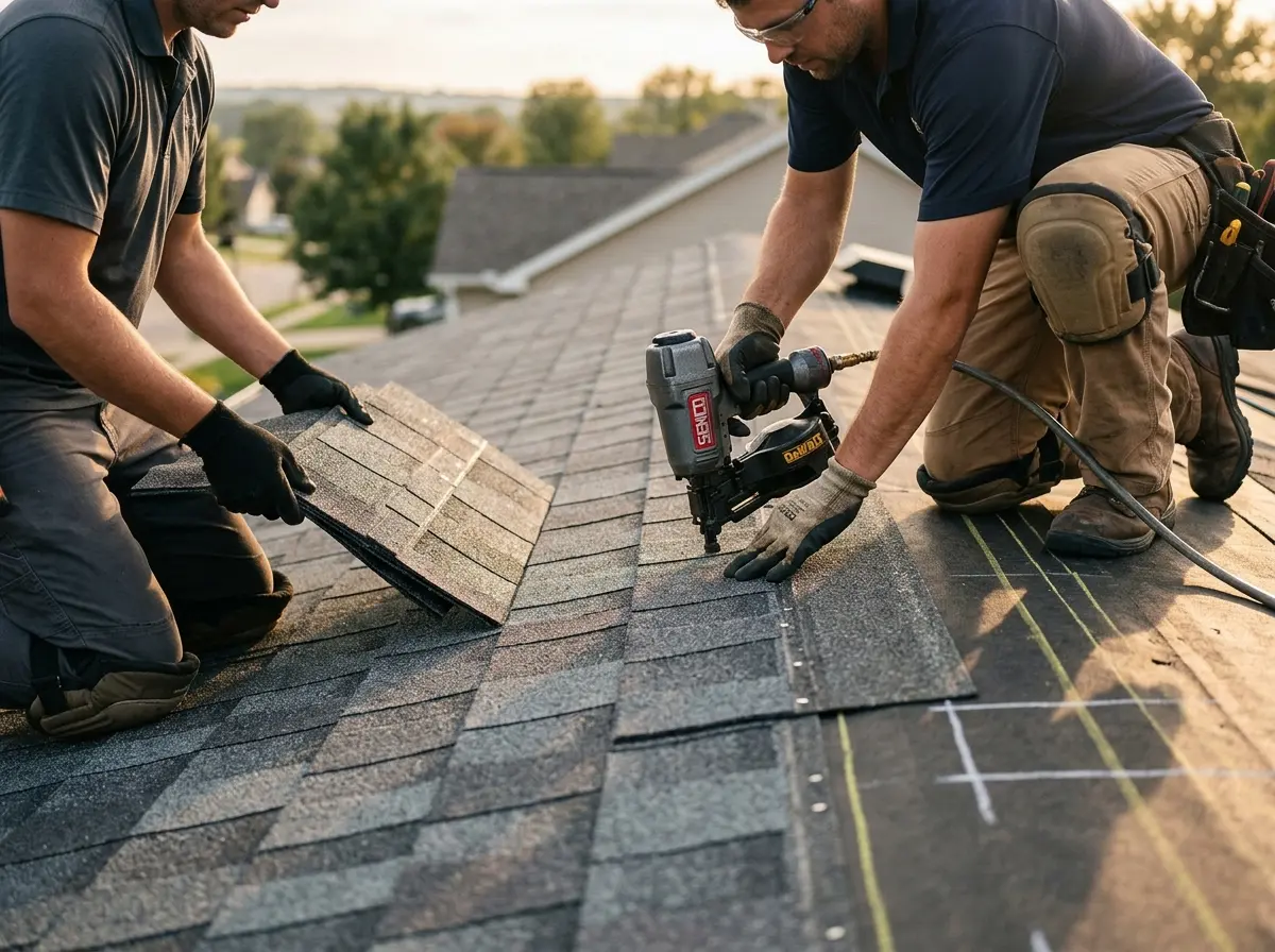 Professional roofer working on a residential roof in Cimarron Hills